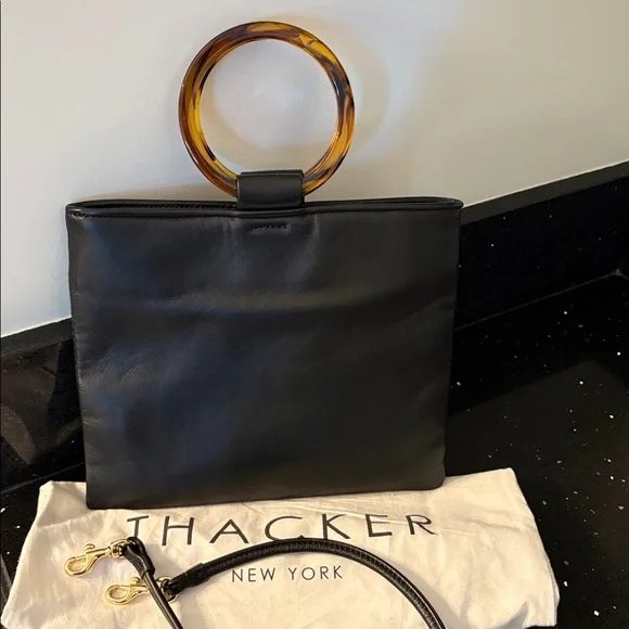 *Thacker Mini Le Bucket Tortoiseshell Ring Double Handle Black Leather Crossbody - Picture 3 of 10
